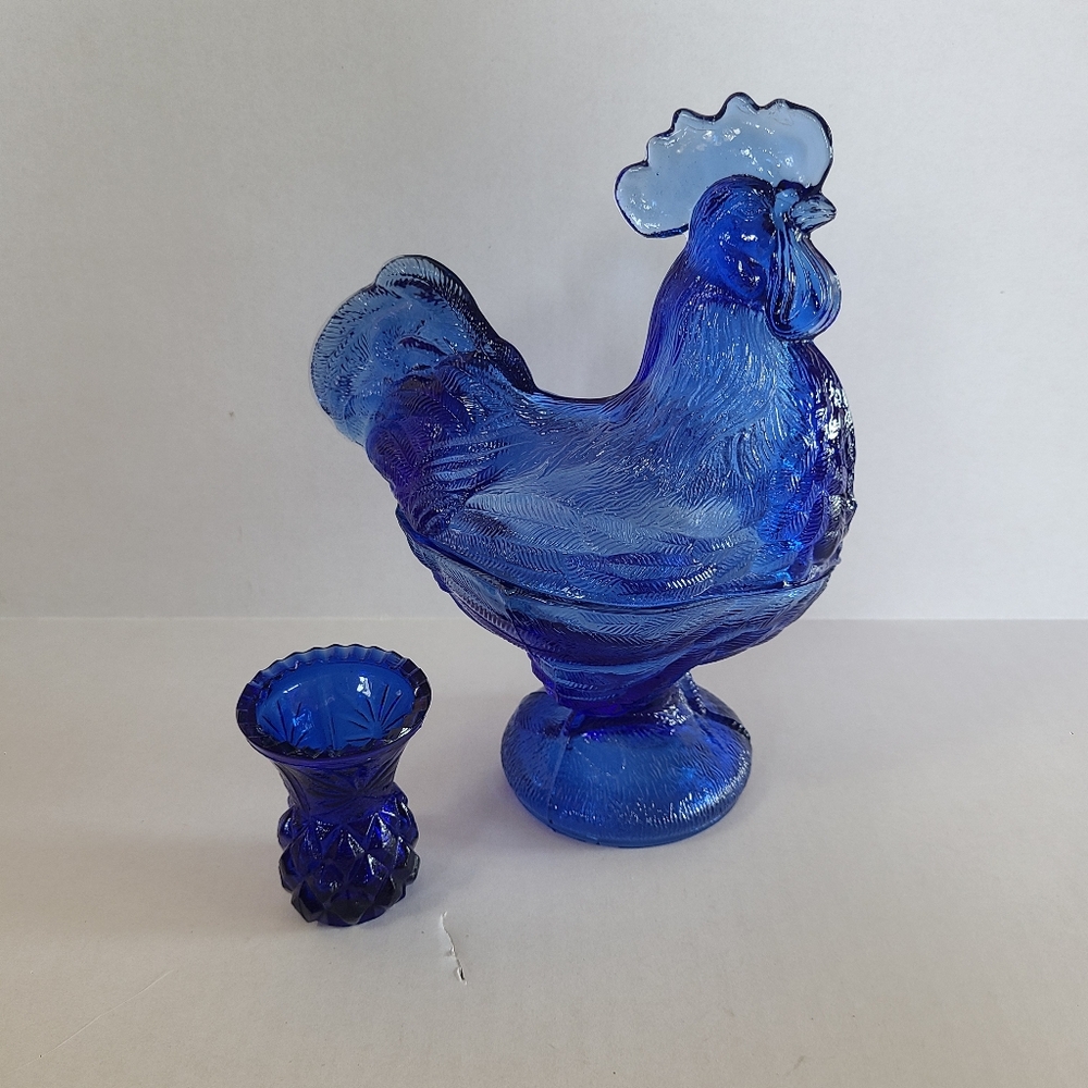 Cobalt Blue Glass Depression Style Rooster Chicken Candy Dish & Toothpick Holder